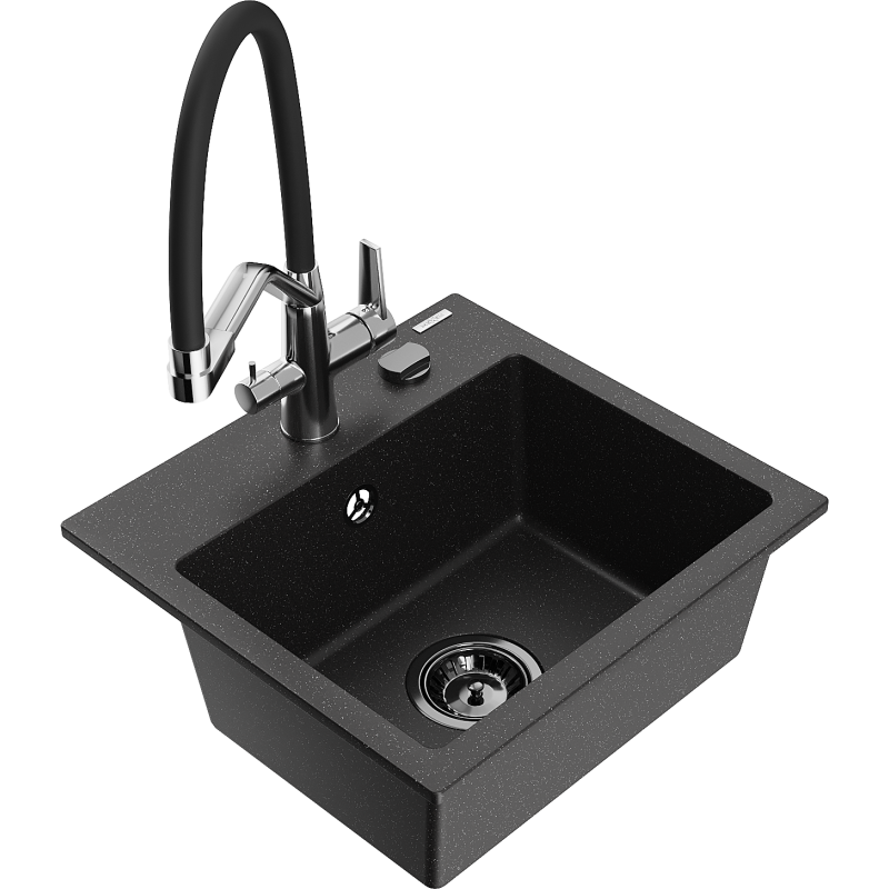 Mexen Milo évier en granit 1-bassin avec robinet de cuisine Duo, noir/argent métallisé - 6505-73-671701-07-B