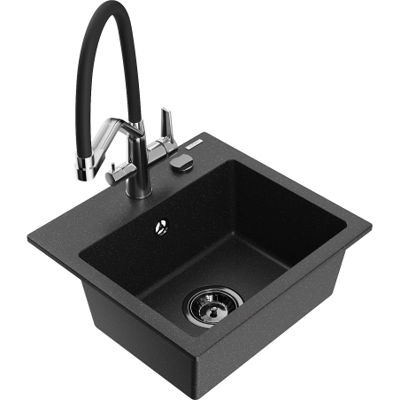 Mexen Milo évier en granit 1-bassin avec robinet de cuisine Duo, noir/argent métallisé - 6505-73-671701-07-B