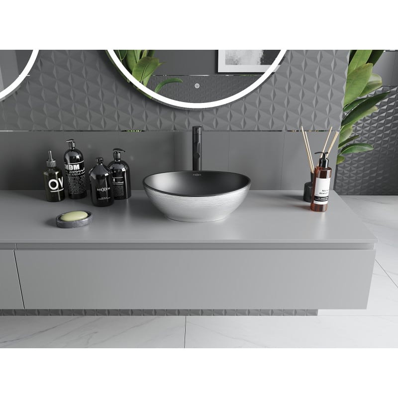Mexen Elza lavabo à poser 40 x 33 cm, noir mat/motif argenté lignes - 21014023