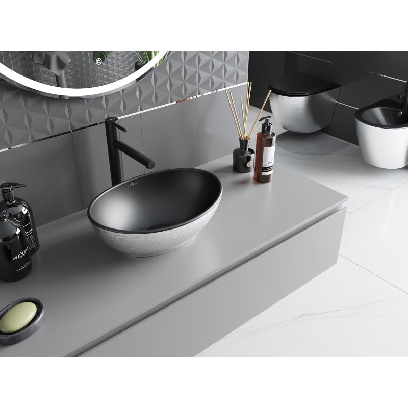 Mexen Elza lavabo à poser 40 x 33 cm, noir mat/motif argenté lignes - 21014023