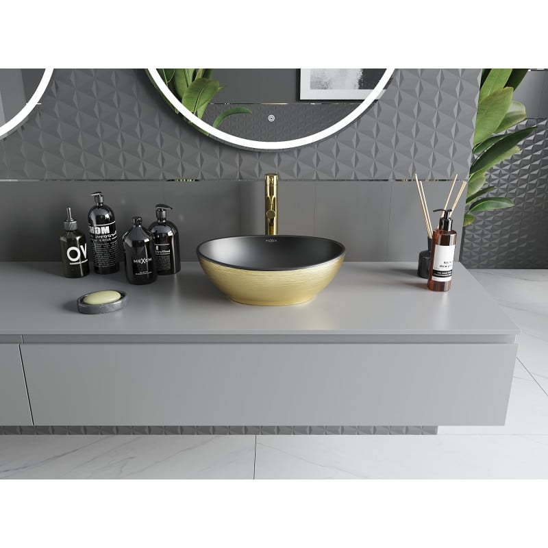 Mexen Elza lavabo à poser 40 x 33 cm, noir mat/motif lignes doré - 21014027