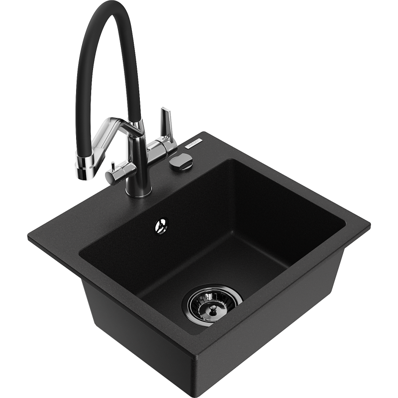 Mexen Milo évier en granit à 1 bac avec robinet de cuisine Duo, noir - 6505-77-671701-07-B