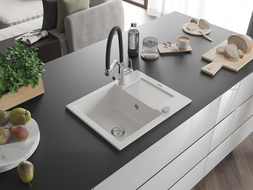 Mexen Enzo évier en granit 1 bac avec égouttoir et robinet de cuisine Duo, blanc - 6506-20-671701-07