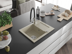 Mexen Enzo évier granit 1 bac avec égouttoir et robinet de cuisine Duo, beige - 6506-69-671701-07
