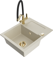 Mexen Enzo évier en granit à 1 bac avec égouttoir et robinet de cuisine Duo, beige - 6506-69-671701-57-G
