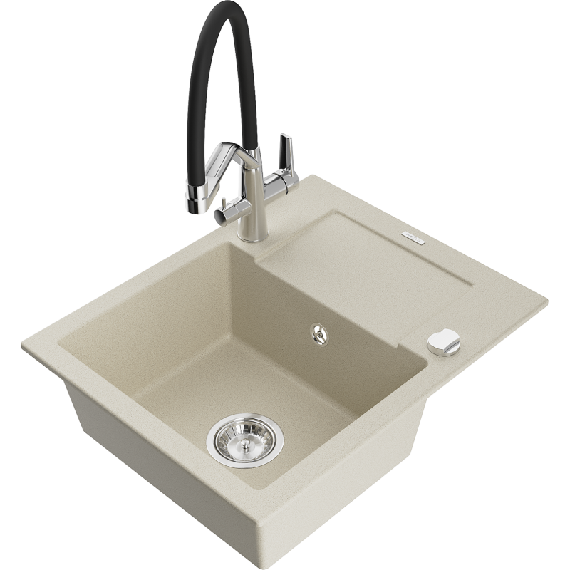 Mexen Enzo évier granit 1 bac avec égouttoir et robinet de cuisine Duo, beige - 6506-69-671701-07