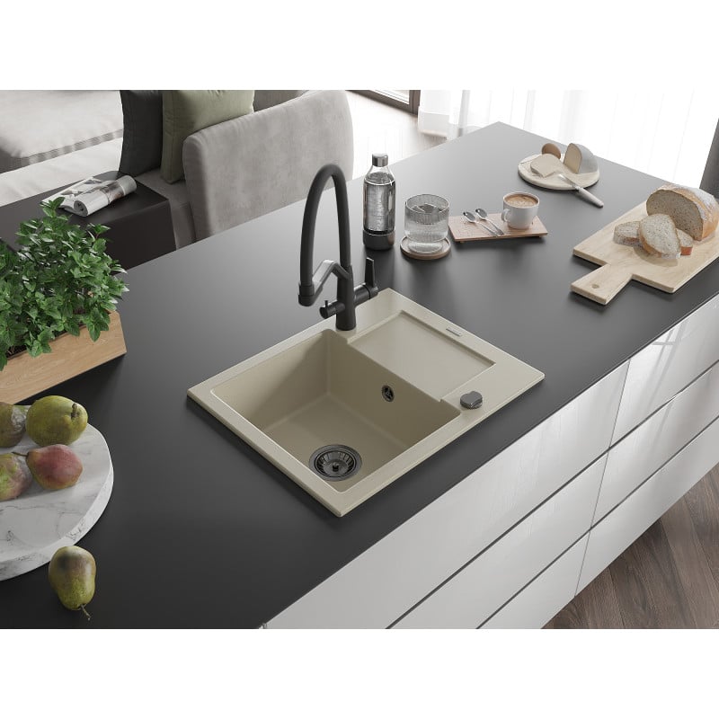 Mexen Enzo évier en granit 1 bac avec égouttoir et robinet de cuisine Duo, beige - 6506-69-671701-70-B