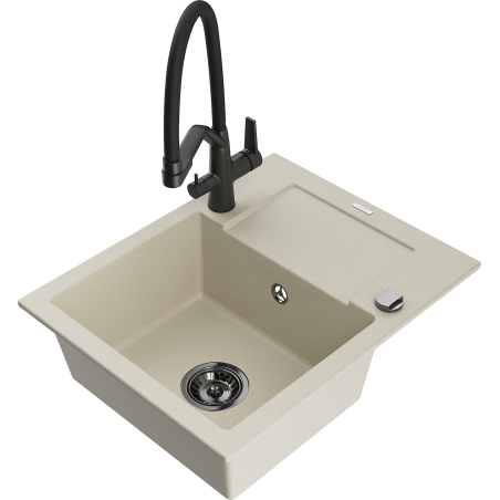 Mexen Enzo évier en granit 1 cuve avec égouttoir et robinet de cuisine Duo, beige - 6506-69-671701-70-B
