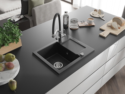 Mexen Enzo évier granit 1 bac avec égouttoir et robinet Duo, noir/argent métallisé - 6506-73-671701-07