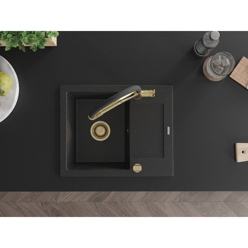 Mexen Enzo évier en granit à 1 bac avec égouttoir et mitigeur de cuisine Duo, noir/métallisé argent - 6506-73-671701-57-G