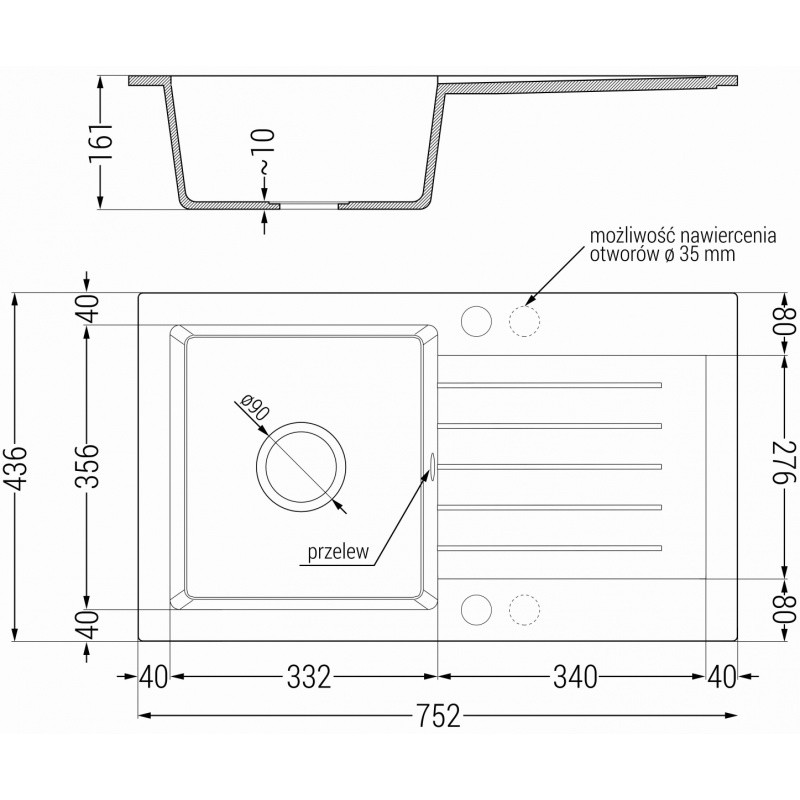 Mexen Pablo évier en granit 1 bac avec égouttoir 752 x 436 mm, noir, siphon chromé - 6510751010-77