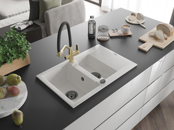 Mexen Gaspar évier en granit à 1,5 bac avec égouttoir et robinet de cuisine Duo, blanc - 6507-20-671701-57-B