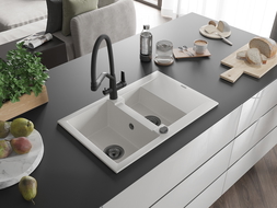 Mexen Gaspar évier en granit 1,5 bac avec égouttoir et robinet de cuisine Duo, blanc - 6507-20-671701-70-B