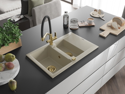 Mexen Gaspar évier en granit 1,5 cuve avec égouttoir et robinet de cuisine Duo, beige - 6507-69-671701-57-G
