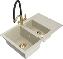 Mexen Gaspar évier en granit 1,5 cuve avec égouttoir et robinet de cuisine Duo, beige - 6507-69-671701-57-G