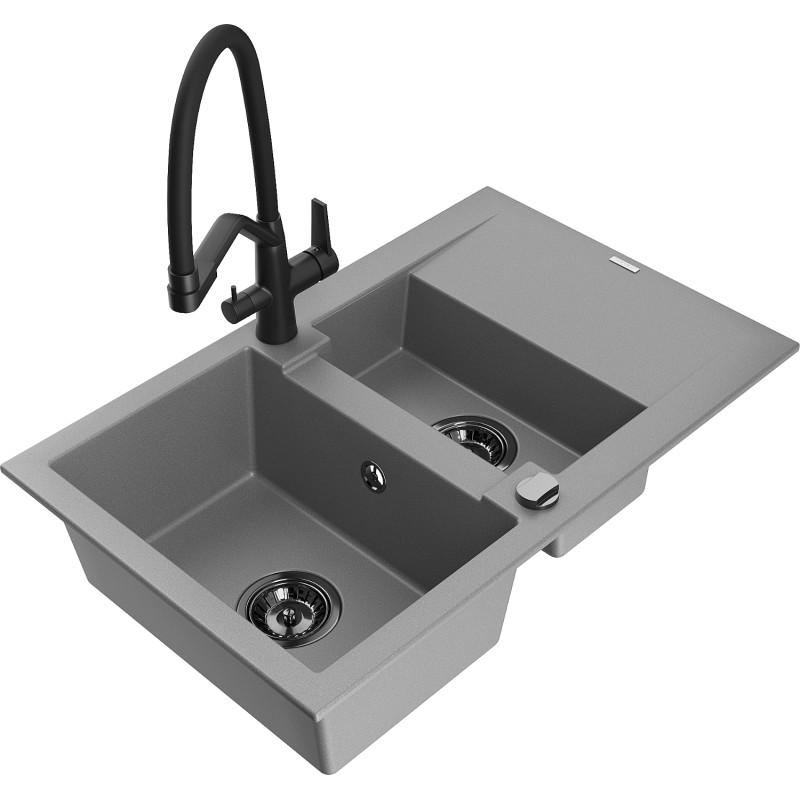 Mexen Gaspar évier en granit 1,5 cuve avec égouttoir et robinet de cuisine Duo, gris - 6507-71-671701-70-B