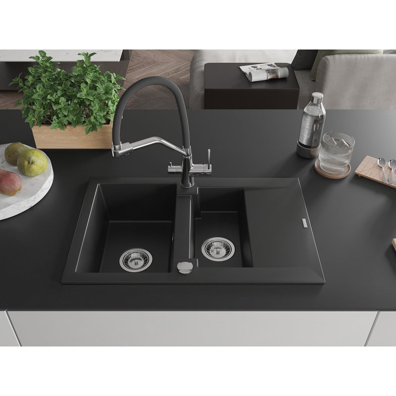 Mexen Gaspar évier granit 1,5 bac avec égouttoir et robinet de cuisine Duo, noir - 6507-77-671701-07