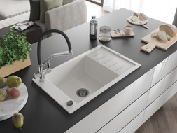 Mexen Elias évier de cuisine en granit à 1 bac avec égouttoir et robinet de cuisine Duo, blanc - 6511-20-671701-07-B
