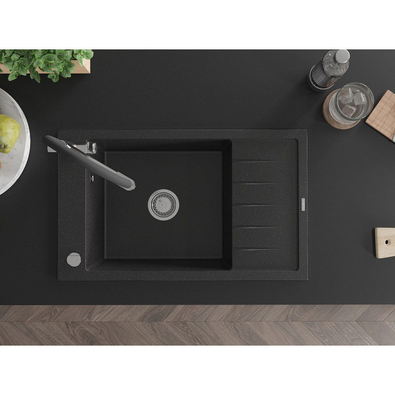 Mexen Elias Évier en granit 1 bac avec égouttoir et robinet de cuisine Duo, noir/argent métallique - 6511-73-671701-07