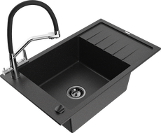 Mexen Elias évier granitique 1 bac avec égouttoir et robinet de cuisine Duo, noir/argent métallique - 6511-73-671701-07-B