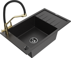 Mexen Elias évier en granit 1-bac avec égouttoir et robinet de cuisine Duo, noir/métallisé argent - 6511-73-671701-57-B