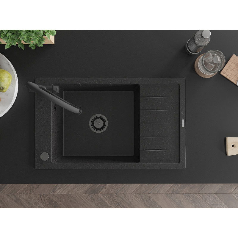 Mexen Elias Évier en granit à 1 bac avec égouttoir et robinet de cuisine Duo, noir/argent métallisé - 6511-73-671701-70-B