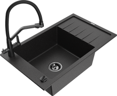 Mexen Elias Évier en granit à 1 bac avec égouttoir et robinet de cuisine Duo, noir/argent métallisé - 6511-73-671701-70-B