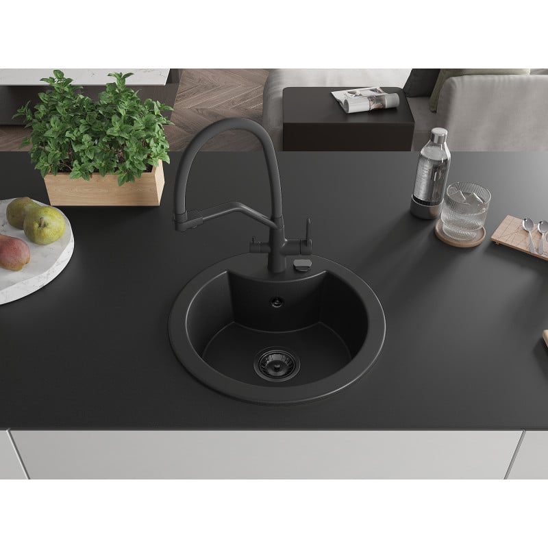 Mexen Diego évier en granit 1 bac avec robinet de cuisine Duo, noir - 6512-77-671701-70-B