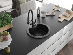 Mexen Diego évier en granit 1 bac avec robinet de cuisine Duo, noir - 6512-77-671701-70-B