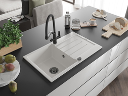 Mexen Bruno évier en granit 1 bac avec égouttoir et robinet de cuisine Duo, blanc - 6513-20-671701-70-B