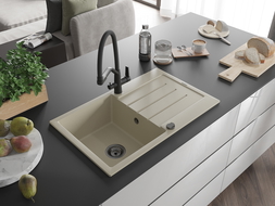 Mexen Bruno évier de cuisine en granit 1 cuve avec égouttoir et mitigeur Duo, beige - 6513-69-671701-70-B