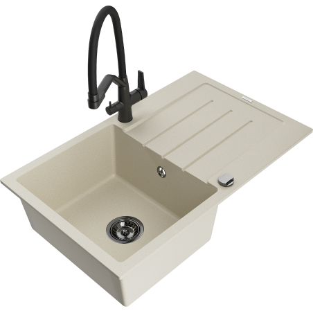 Mexen Bruno évier de cuisine en granit 1 cuve avec égouttoir et mitigeur Duo, beige - 6513-69-671701-70-B
