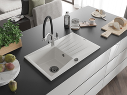 Mexen Cesar évier en granit 1 bac avec égouttoir et robinet de cuisine Duo, blanc - 6514-20-671701-07-B