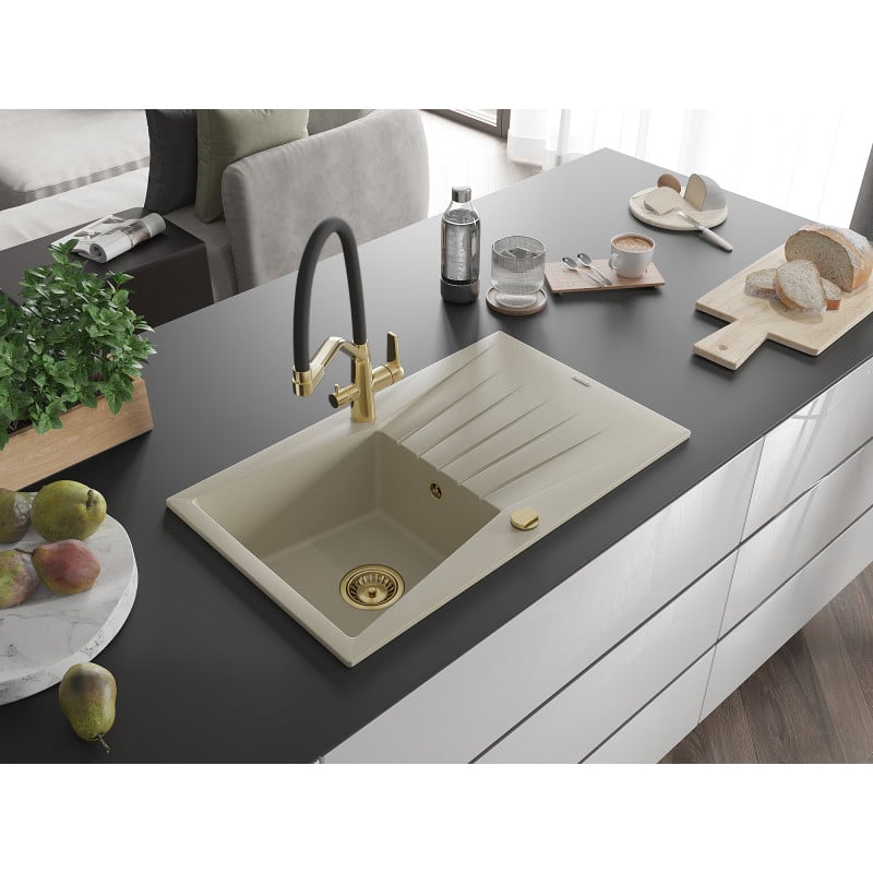 Mexen Cesar évier en granit 1 cuve avec égouttoir et robinet de cuisine Duo, beige - 6514-69-671701-57-G