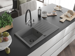 Mexen Cesar évier en granit 1 bac avec égouttoir et mitigeur de cuisine Duo, gris - 6514-71-671701-07-B