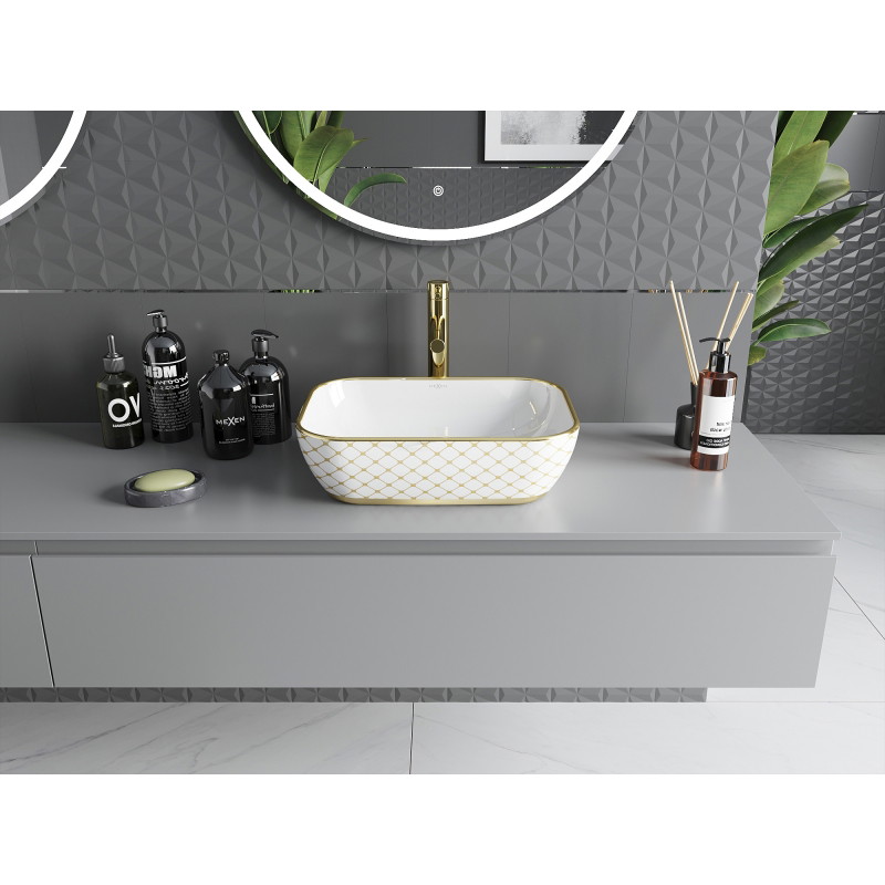 Mexen Rita lavabo à poser 45 x 32 cm, blanc/doré motif à carreaux - 21084509