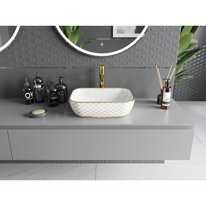 Mexen Rita lavabo à poser 45 x 32 cm, blanc/or motif à carreaux - 21084509