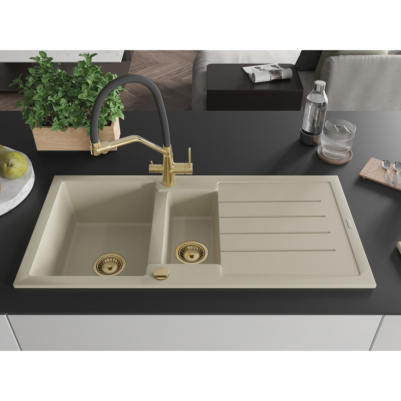 Mexen Andres évier en granit 1,5 cuves avec égouttoir et robinet de cuisine Duo, beige - 6515-69-671701-57-G