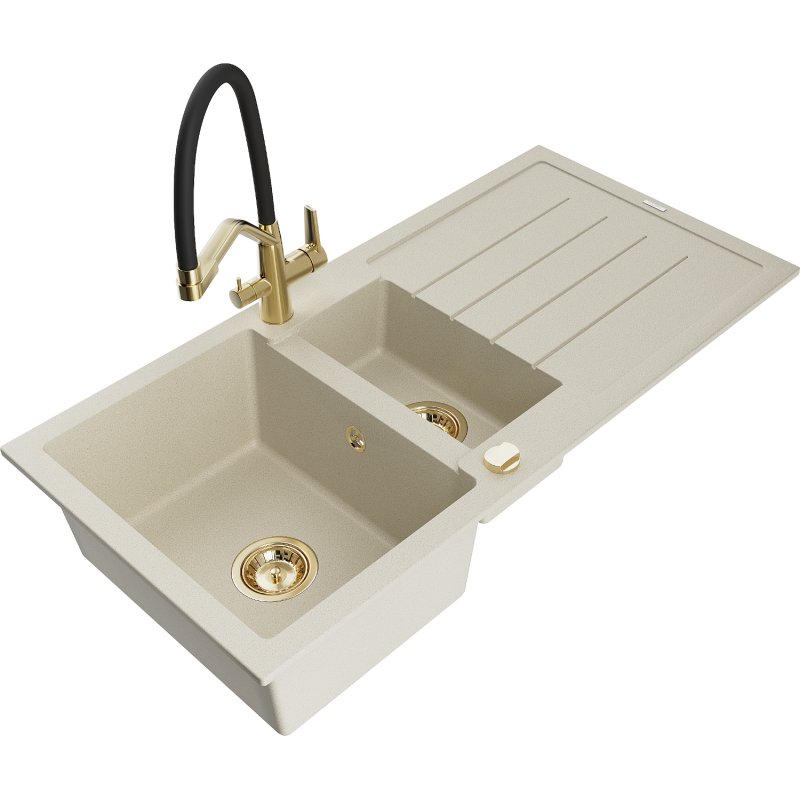 Mexen Andres évier en granit 1,5 cuves avec égouttoir et robinet de cuisine Duo, beige - 6515-69-671701-57-G