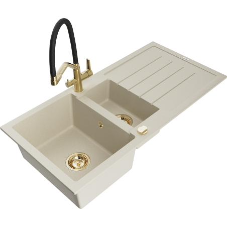 Mexen Andres évier en granit 1,5 cuves avec égouttoir et robinet de cuisine Duo, beige - 6515-69-671701-57-G