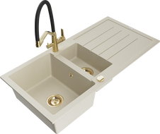 Mexen Andres évier en granit avec égouttoir et robinet de cuisine Duo, beige, 1,5 cuves - 6515-69-671701-57-G