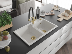 Mexen Tomas évier de cuisine en granit à 2 bacs avec robinet Duo, blanc - 6516-20-671701-57-G