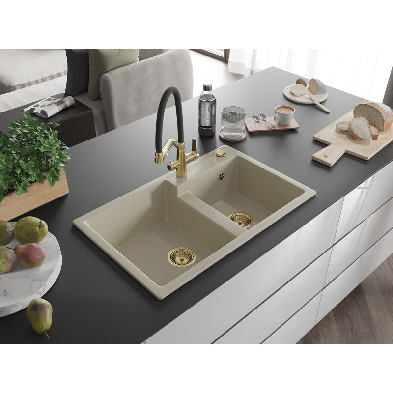 Mexen Tomas évier en granit 2 bacs avec robinet de cuisine Duo, beige - 6516-69-671701-57-G