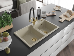 Mexen Tomas évier en granit 2 bacs avec robinet cuisine Duo, beige - 6516-69-671701-57-G