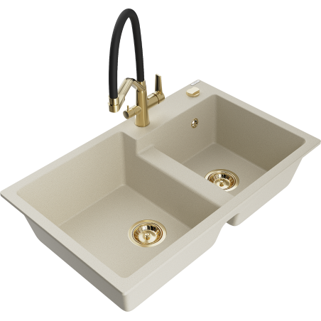 Mexen Tomas évier en granit 2 bacs avec robinet cuisine Duo, beige - 6516-69-671701-57-G