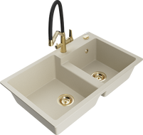 Mexen Tomas évier en granit 2 bacs avec robinet de cuisine Duo, beige - 6516-69-671701-57-G