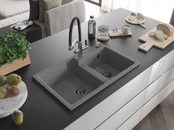 Mexen Tomas évier de cuisine en granit 2 bacs avec mitigeur Duo, gris - 6516-71-671701-07-B