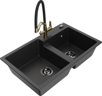 Mexen Tomas évier en granit 2 cuves avec mitigeur de cuisine Duo, noir/argent métallisé - 6516-73-671701-57-B