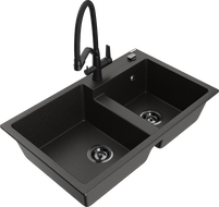 Mexen Tomas évier en granit à 2 bacs avec mitigeur de cuisine Duo, noir/or métallisé - 6516-75-671701-70-B