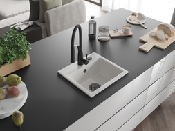 Mexen Milo évier en granit 1 cuve avec robinet de cuisine Aster, blanc - 6505-20-73450-70-B